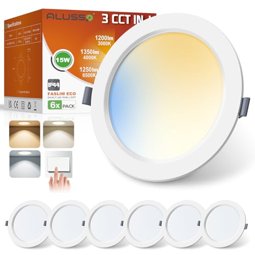 ALUSSO® 15W 1350LM LED Einbaustrahler 230V Ultra Flach LED Spots Badezimmer, 3CCT Warmweiß 3000K Neutralweiß 4000K Kaltweiß 6500K Deckenspots IP44 Einbauleuchten für Wohnzimmer Küche, 6er Set von ALUSSO
