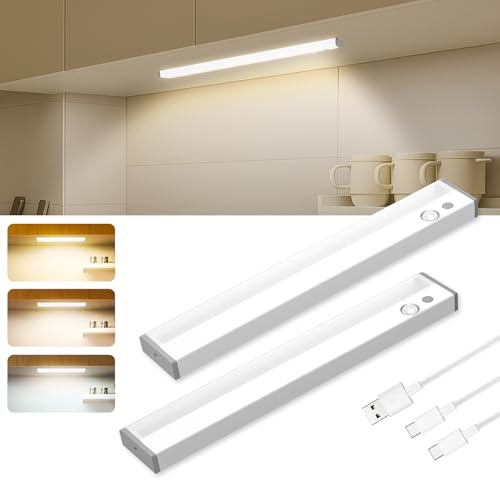 ALUSSO 30cm LED Schrankbeleuchtung mit Bewegungsmelder, Farbtemperatur-Regelung (3000/4000/6500K) Dimmbar Unterbauleuchte Küche LED, USB Aufladbar Nachtlicht für Treppe, Schlafzimmer, 2er Set von ALUSSO