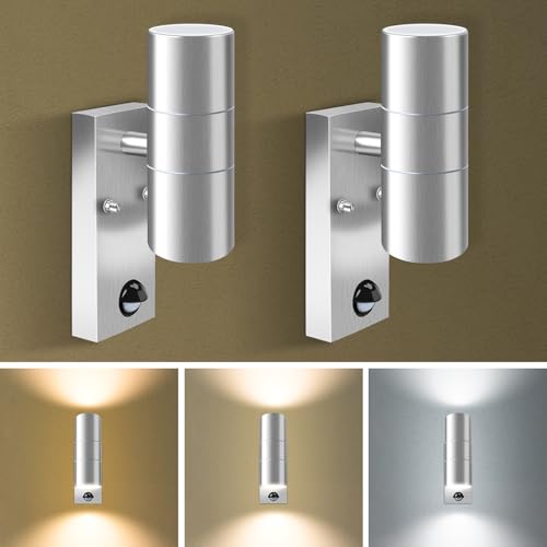 Bewegungssensor Außenwandleuchten, Auf- und Abwärtsleuchte mit PIR-Sensor, Edelstahl IP65 Wasserdicht Silber Außensicherheitsleuchte, 2 x 8W GU10 LED Leuchtmittel enthalten, 3 Farbtemperatur 2 Stück von ALUSSO