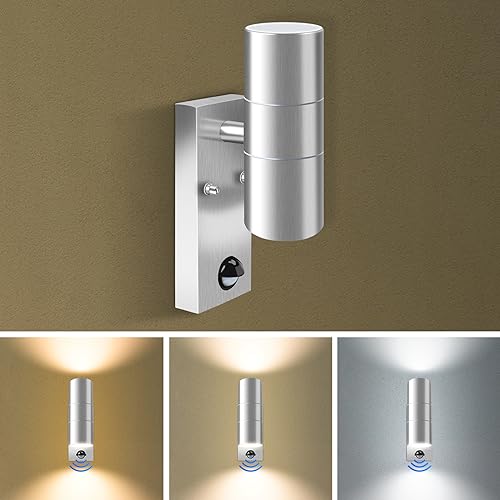 Bewegungssensor Außenwandleuchten, Auf- und Abwärtsleuchte mit PIR-Sensor, Edelstahl IP65 Wasserdicht Silber Außensicherheitsleuchte, 2 x 8W GU10 LED Leuchtmittel enthalten, 3 Farbtemperatur schaltbar von ALUSSO