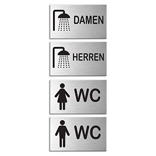 OFFORM DESIGN Türschild | Toilettenschild | Duschraumschild | 4er-Set | Dusche Damen - Dusche Herren - WC Damen - WC Herren l Aluminium Edelstahlschilder-Optik l 60x100 mm l Sparversand l Nr.44675-S von OFFORM DESIGN