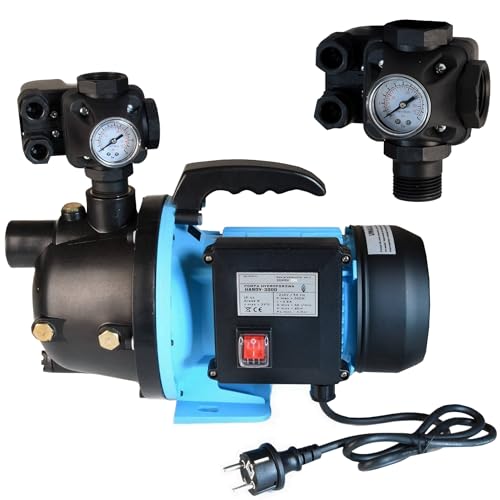 Wasserpumpe HANDY 3000 mit Moderne Druckschalter zum Tank - Gartenpumpe (550 W, 3000 l/h, Förderhöhe 40m) - Tragbare - Pumpensteuerung Druckwächter - Hauswasserwerk für Bewässerung Garten von ALUVRA