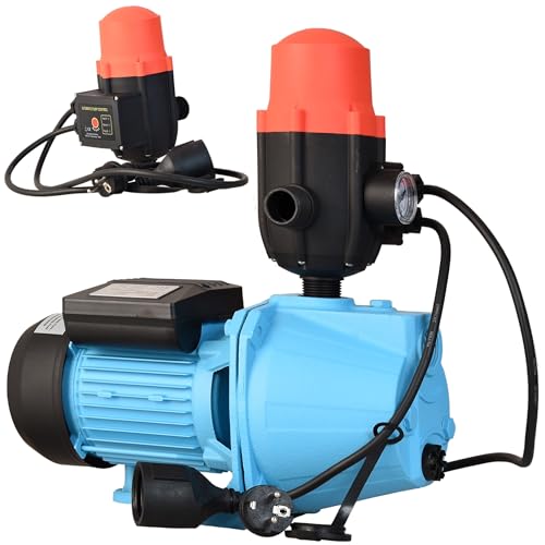 Wasserpumpe JET 100S mit Elektronische Druckschalter BRIO - Pumpensteuerung - Gartenpumpe 3600l/h 1100W Förderhöhe 50m - Gußeisen - Einschaltdruck einstellbar - Hauswasserautomat - Trockenlaufschutz von ALUVRA