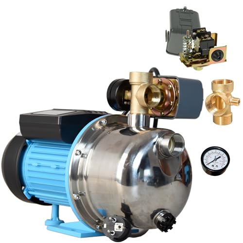 Wasserpumpe JS 1100 - Hydrophorpumpe Gartenpumpe 3600l/h 1100W Förderhöhe 50m - Edelstahl INOX - mit Manometer Druckschalter 5-Wege Verteiler - Hauswasserwerk - für Brauchwasserversorgung Bewässerung von ALUVRA