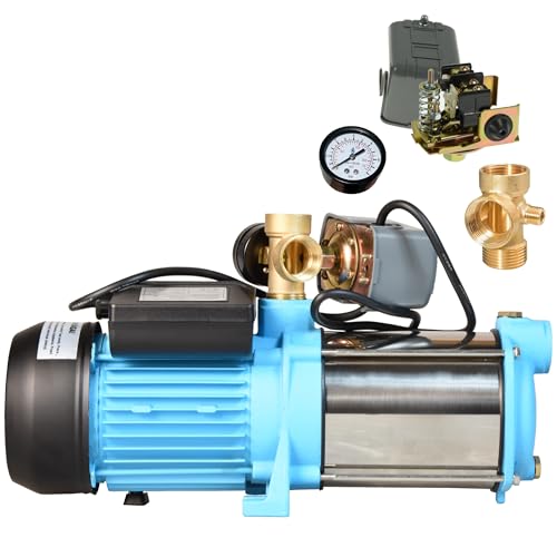 Wasserpumpe MAX-H 1300 - Gartenpumpe (1300 W, 6000 l/h, Förderhöhe 55m) - Gußeisen Edelstahl INOX - mit Manometer Druckschalter 5-Wege Verteiler - Hauswasserwerk für Brauchwasserversorgung Bewässerung von ALUVRA