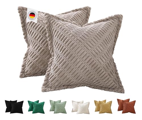 ALWINIA Deko Kissenbezüge 40x40 aus Kordsamt 2er Set - Weiche & Kuschelige Kissenhüllen in Taupe - Stilvolle Zierkissenbezüge für Sofa & Bett von ALWINIA