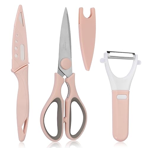 ALXBSONE Küchenschere Universalschere Schere Küche mit Mikrozahnung Universalschäler Küchenmesser Nussknacker Softgriff Edelstahl für Exaktes Schneiden Von Küchenmaterialien(Rose) von ALXBSONE