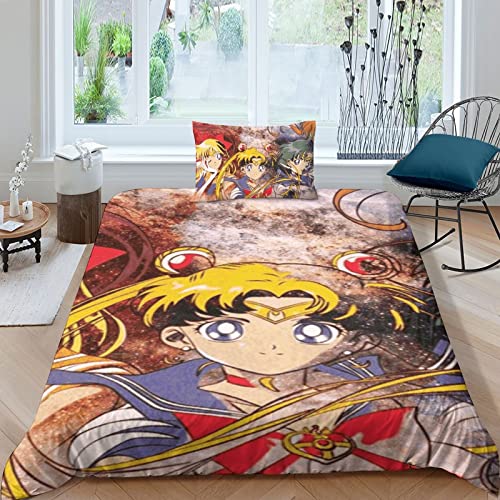 ALXFFBN Sailor Moon Bettwäsche-Set, 3D-Bettbezug-Set, Bettbezug, Anime-Charaktere, Reißverschluss mit Kissenbezug, für Kinder, Einzelbett (135 x 200 cm) von ALXFFBN
