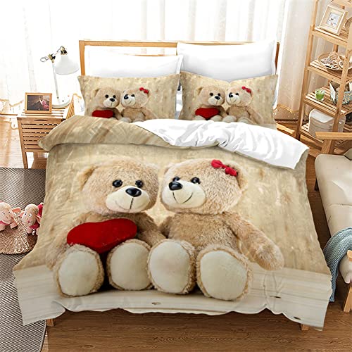3D Drucken Bettwäsche 155x220 Beiger TeddybäR, Luftdurchlässiger Mikrofaser Bettbezug + 2 Kissenbezug 80x80cm, Mit Reisverschluss Bettwäsche Set Geeignet FüR Erwachsene Und Kinder von ALYOU