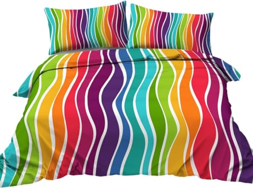 ALYOU Bettwäsche 135x200 Regenbogenfarben Bettwäsche-Sets Welligkeit 3D Drucken Bettwäsche 3 Teiliges Set mit Reißverschluss - Atmungsaktiv Weich Bequem Mikrofaser Bettbezug + 2 Kissenbezug 80x80 cm von ALYOU