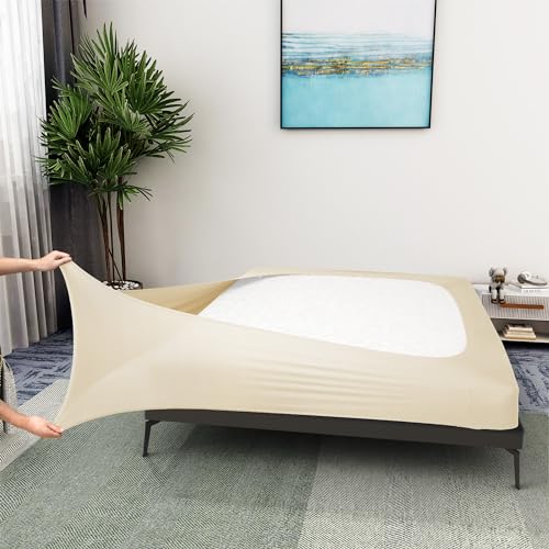 Boxspring-Bezug, King-Size-Bett, Jersey-Strick und dehnbar, 4 Seiten, für Hotel und Zuhause, King-Size-Bett, Beige von ALYVIA SPRING