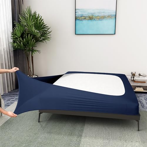 Boxspring-Bezug, Queen-Size-Größe, Jersey-Strick und dehnbar, 4 Seiten, Bettrock für Hotel und Zuhause, Queen-Size-Bett, Marineblau von ALYVIA SPRING