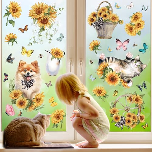 59 Stück Fensterbilder Frühling Selbstklebend, PVC Fensterfolie Bunt mit Schmetterling, Frühlings Sommer Fensterdeko, Aufkleber Blumen Fensterbilder Kinderzimmer, Fensterbild für Glasscheiben von ALaPonpal