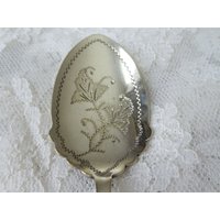 Schöner Antiker Silberner Marmeladen-Löffel, Glänzendes Perlmutt, Gravierter Löffel, Sammlerstück Vintage Servierbesteck Schöner Antiker Silberner Marmeladen-Löffel, Glänzendes Perlmutt, Gravierter Löffel, Sammlerstück Vintage Servierbesteck von ALadiesShop