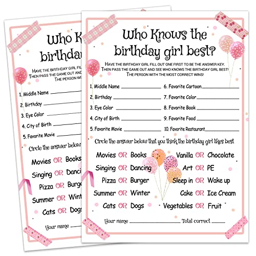 "Who Knows the Birthday Girl Best - Girl Birthday Party Game - Motto Party Activity and Idea - Supplies, Decorations - 20 Game Cards von ALodr