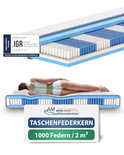 AM Qualitätsmatratzen 1000 Federn 7-Zonen Taschenfederkernmatratze 140 x 200 cm - 24 cm Premiumhöhe - 1.000 Federn Matratze 140x200cm - H3 von AM Qualitätsmatratzen