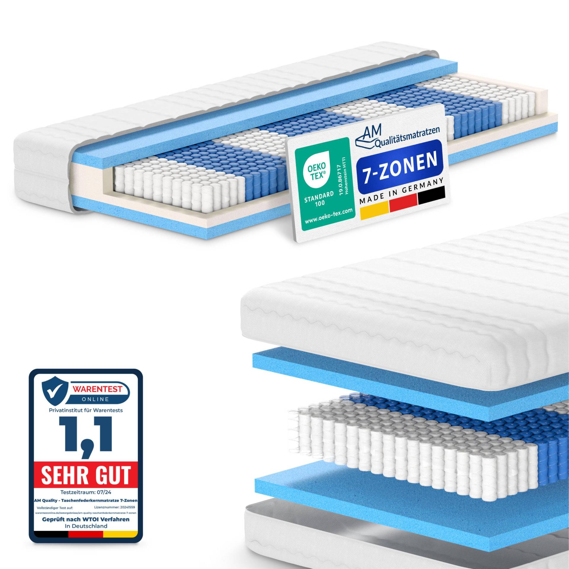 AM Qualitätsmatratzen | 1000 Federn 7-Zonen Taschenfederkernmatratze H2 - 100 x 200 cm von AM Qualitätsmatratzen