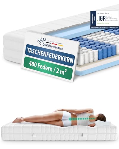 AM Qualitätsmatratzen 7 Zonen Taschenfederkernmatratze 120x210cm H3 - Made in Germany - Ergonomische Federkernmatratze 120x210 mit waschbarem Bezug - Oeko TEX zertifizierte Matratze 120x210 20cm hoch von AM Qualitätsmatratzen