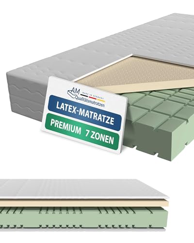 AM Qualitätsmatratzen Premium 7 Zonen Latex Matratze 180x200 H2 - Made in Germany - Oeko TEX zertifizierte Naturlatex Matratze 180x200-23 cm Hoch - Kaltschaummatratze 180x200 mit 4cm Latexauflage von AM Qualitätsmatratzen