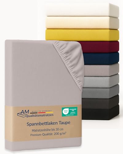 AM Qualitätsmatratzen Premium Spannbettlaken 130x190cm Baumwolle (200gsm) in Taupe - Made in Germany - Oeko TEX zertifiziertes Bettlaken 130x190 Baumwolle - Jersey Spannbetttuch - Fitted Sheets von AM Qualitätsmatratzen