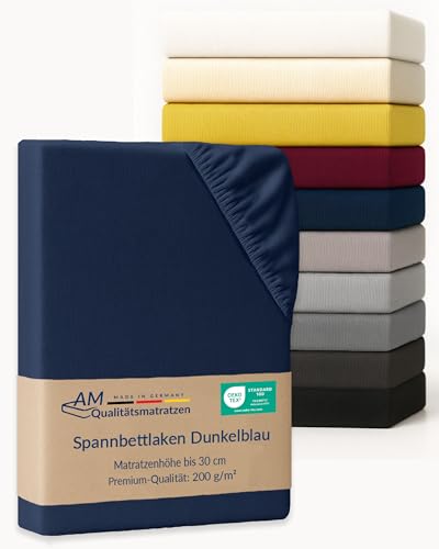 AM Qualitätsmatratzen Premium Spannbettlaken 140x200cm Baumwolle (200gsm) in Dunkelblau - Made in Germany - Oeko TEX zertifiziertes Bettlaken 140x200 Baumwolle - Jersey Spannbetttuch - Fitted Sheets von AM Qualitätsmatratzen