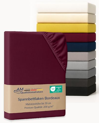 AM Qualitätsmatratzen Premium Spannbettlaken 70x190cm Baumwolle (200gsm) in Bordeaux - Made in Germany - Oeko TEX zertifiziertes Bettlaken 70x190 Baumwolle - Jersey Spannbetttuch - Fitted Sheets von AM Qualitätsmatratzen