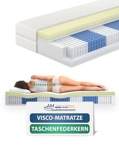 AM Qualitätsmatratzen - Premium Visco-Matratze 160x200cm H3-1000 Federn - Taschenfederkernmatratze - Matratze mit integrierter 6cm Visco-Auflage - 24cm Höhe - Made in Germany von AM Qualitätsmatratzen