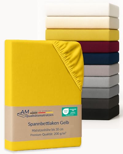 AM Qualitätsmatratzen Premium Spannbettlaken 120x210cm Baumwolle (200gsm) in Gelb - Made in Germany - Oeko TEX zertifiziertes Bettlaken 120x210 Baumwolle - Jersey Spannbetttuch - Fitted Sheets von AM Qualitätsmatratzen