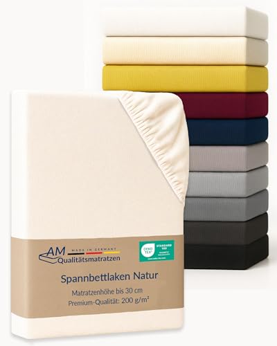 AM Qualitätsmatratzen Premium Spannbettlaken 130x190cm Baumwolle (200gsm) in Natur - Made in Germany - Oeko TEX zertifiziertes Bettlaken 130x190 Baumwolle - Jersey Spannbetttuch - Fitted Sheets von AM Qualitätsmatratzen