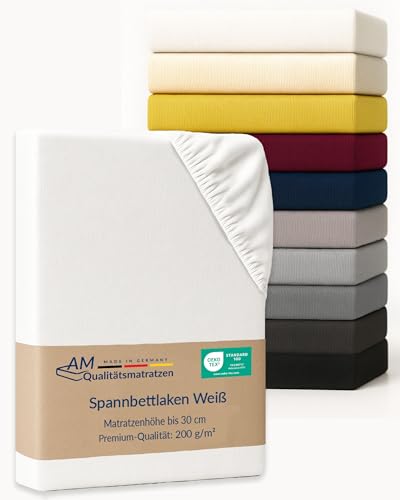 AM Qualitätsmatratzen Premium Spannbettlaken 80x210cm Baumwolle (200gsm) in Weiß - Made in Germany - Oeko TEX zertifiziertes Bettlaken 80x210 Baumwolle - Jersey Spannbetttuch - Fitted Sheets AM Qualitätsmatratzen Premium Spannbettlaken 80x210cm Baumwolle (200gsm) in Weiß - Made in Germany - Oeko TEX zertifiziertes Bettlaken 80x210 Baumwolle - Jersey Spannbetttuch - Fitted Sheets von AM Qualitätsmatratzen