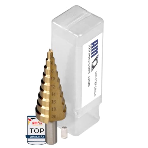 AM-Zerspanungstechnik HSS TiN Stufenbohrer 4-20mm | Kegelbohrer für Metall, Holz, Kunststoff | Schälbohrer | Blechschälbohrer | Stufenbohrer Metall Ø4-20 HSS-TiN von AM-Zerspanungstechnik