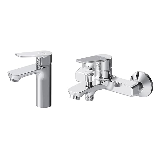 AM.PM Hit Armaturen-Set: Waschtischarmatur & Wannenarmatur, Badarmaturen 2 St. Wasserhahn Waschbecken& Badewannenarmatur, Mischerset für Badezimmer aus Messing, F408TA39, Chrom von AM.PM