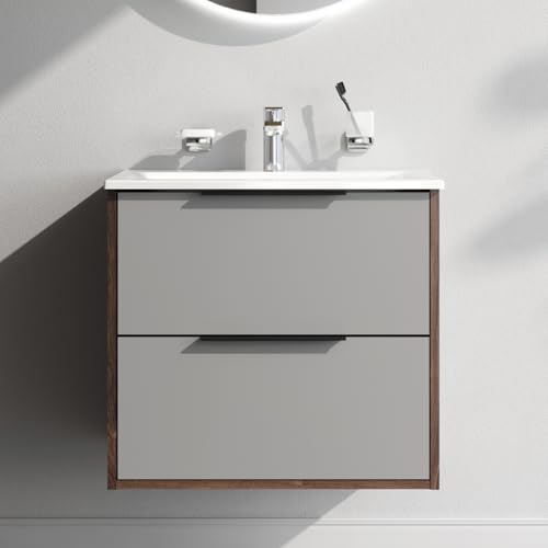 AM.PM Waschbeckenunterschrank Grau Hängend mit Waschbecken, Badezimmerschrank, Badmöbel Set für Badezimmer, Badschrank, Waschtischunterschrank mit 2 Schubladen, 60 cm, Graphit matt von AM.PM