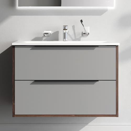 AM.PM Waschbeckenunterschrank Grau Hängend mit Waschbecken, Badezimmerschrank, Badmöbel Set für Badezimmer, Badschrank, Waschtischunterschrank mit 2 Schubladen, 80 cm breit, Graphit matt von AM.PM