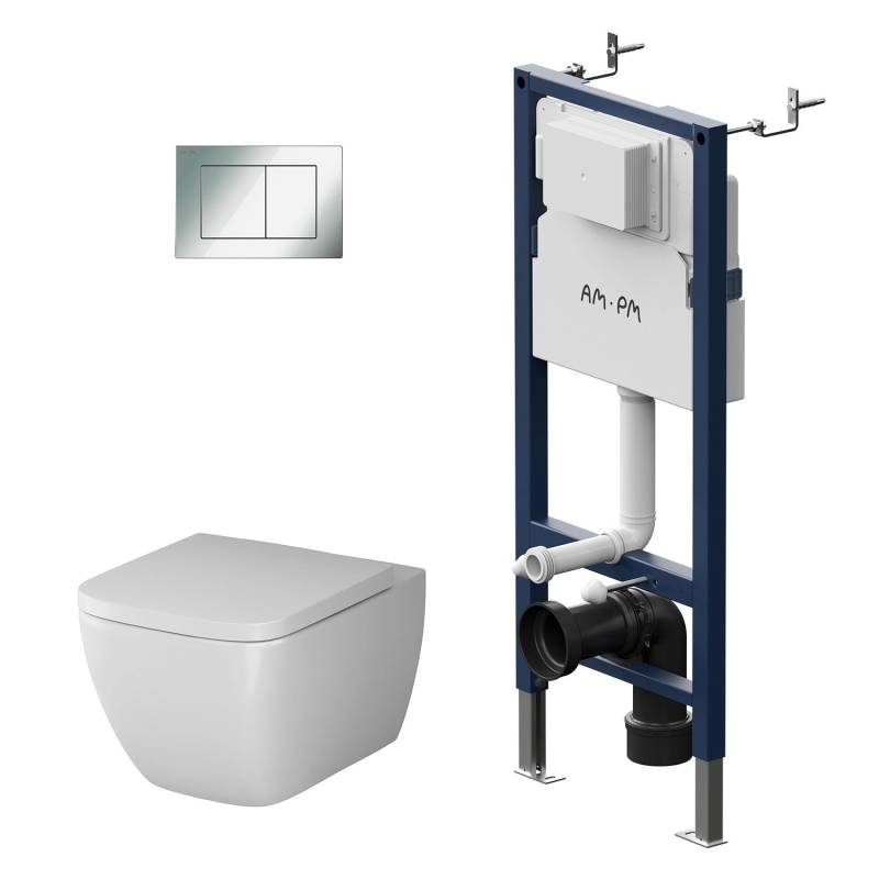 AM.PM WC Set: Wand-WC + Vorwandelement + Drückerplatte Toilette mit Spülkasten Komplett IIS90251.GA1700 Gem Rechteckig von AM.PM