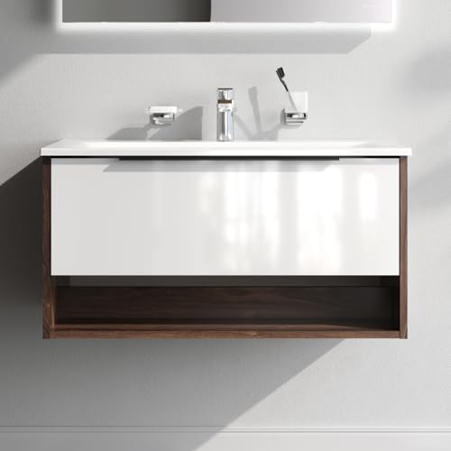 AM.PM Waschbeckenunterschrank Hängend mit Waschbecken, Badmöbel Set für Badezimmer, Badschrank, Waschtischunterschrank mit 1 Schublade + offene Nische, 80 cm, Weiß glänzend von AM.PM