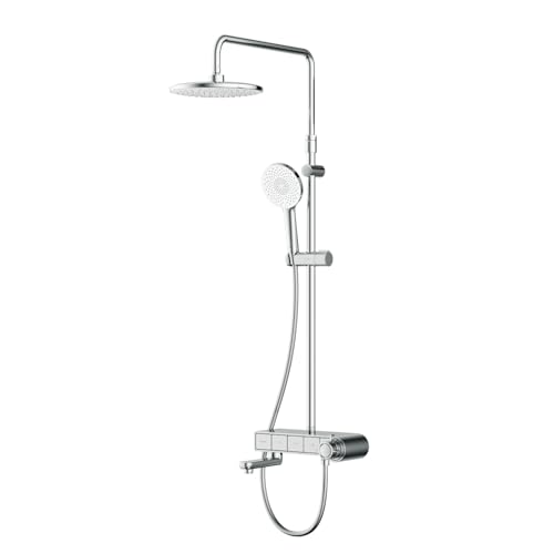 AM.PM X-Joy S - Duschsystem mit Thermostat und Glasablage, Duscharmatur Komplettset mit Regendusche 22 cm, Duschset mit Armatur, Handbrause 3 Strahlarten und Unterer Auslauf, Chrom von AM.PM