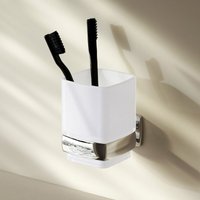 Am.pm - Zahnputzbecher mit Halterung Zahnbürstenhalter Zahnbürstenbecher Becherhalter klebend Glas Edelstahl ohne bohren Badezimmerbecher, Chrom von AM.PM
