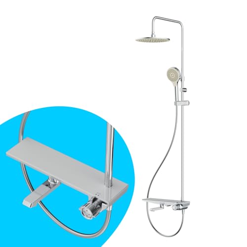 Duschssystem mit Regalmischer und Glasablage, Duschset Regendusche mit Armatur, Duscharmatur Komplettset inkl. Kopfbrause, Handbrause 3 Strahlarten und Unterer Auslauf, AM.PM Flash F079H700 von AM.PM