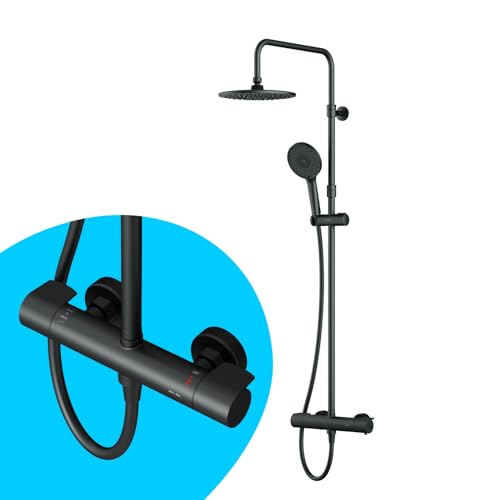 Duschsystem mit Duschthermostat, Thermostat Duscharmatur, Brausearmatur, Regendusche Duschset Duschsäule Dusche mit Thermo, Brauseset mit Thermostat AM.PM F07XA422 X-Joy, Schwarz matt von AM.PM