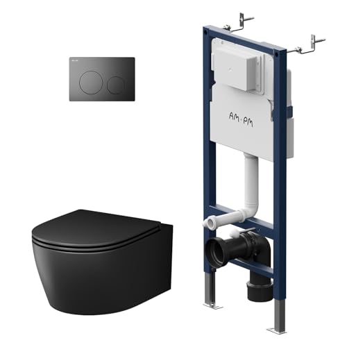AM.PM - Hänge WC Komplettset, Vorwandelement WC Set Komplett Vormontiert (Prime Fit) + Spülrandlos Wand-WC Schwarz (X-Joy S) + Drückerplatte + WC-Sitz mit Absenkautomatik, Toilette Komplett Set von AM.PM