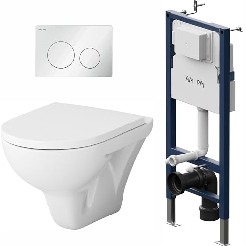 AM.PM - Hänge WC Komplettset, Vorwandelement WC Set Komplett Vormontiert (Prime Fit) + Wand WC Weiß ohne Spülrand (Hit) + Drückerplatte + WC-Sitz mit SoftClose-Absenkautomatik, Toilette Komplett Set von AM.PM