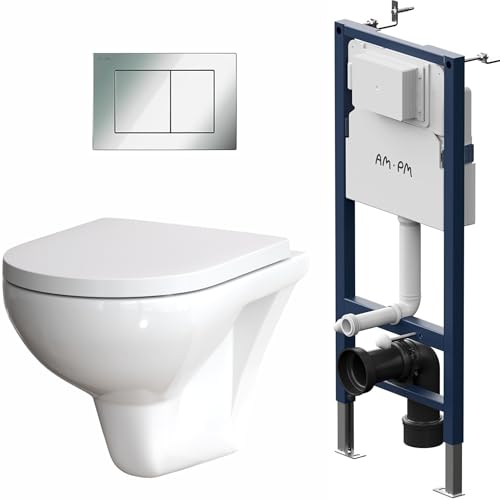 AM.PM - Hänge WC Komplettset, Vorwandelement WC Set Komplett Vormontiert (Prime Fit) + Wand WC Weiß ohne Spülrand (Hit) + Drückerplatte + WC-Sitz mit Soft-Close-Absenkautomatik, Toilette Komplett Set von AM.PM