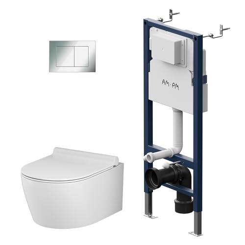 AM.PM - Hänge WC Komplettset, Vorwandelement WC Set Komplett Vormontiert (Prime Fit) + Wand WC Weiß ohne Spülrand (X-Joy S) + Drückerplatte + WC-Sitz mit Absenkautomatik, Toilette Komplett Set von AM.PM