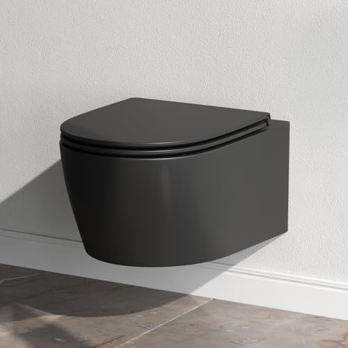 AM.PM X-Joy S - Spülrandlos Hänge WC Schwarz Matt, Tiefspül Toilette FlashClean, Wand WC mit Toilettendeckel mit Absenkautomatik, Schwarze Toilette aus Keramik, 50 cm lang von AM.PM