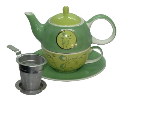 AMA-Feinkost Tea for one Set Goa aus Keramik handbemaltes Unikat mit Goldauflage satte Grüntöne mit feinem Rankendekor ideal für eine Person (Tea for one mit Filter) von AMA-Feinkost