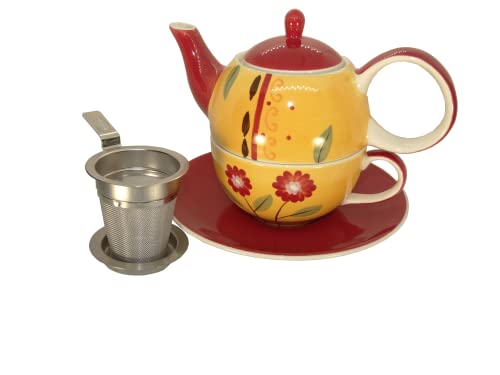 Tea for one Set "Danja" aus Keramik handbemaltes Unikat vermittelt Lebensfreude durch seine strahlenden fröhlichen Farben ideal für eine Person mit dem passenden Teesieb Dauerteefilter aus Edelstahl von AMA-Feinkost
