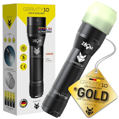 AMAFOX G10-1000 Lumen OSRAM XENON Power-LED Taschenlampe - Extrem Hell, dimmbar & mit Zoom - inkl. 4x AA Batterien von AMAFOX