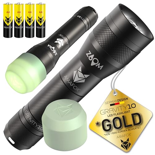 AMAFOX BLACKOUT Taschenlampe G10-1000 Lumen XENON Power-LED - Extrem Hell, dimmbar & mit Zoom - inkl. 4x AA Batterien & Streulicht-Difussor von AMAFOX