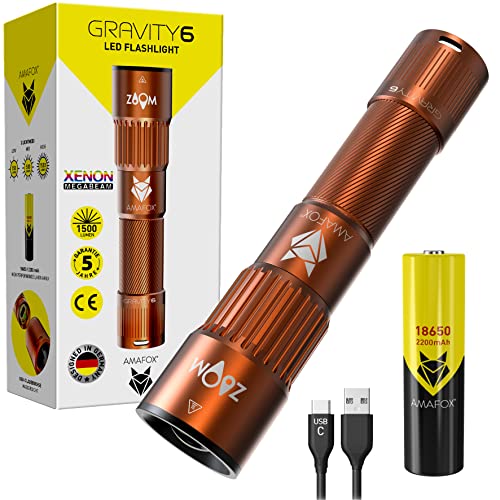 AMAFOX G6 - XENON Megabeam Hochleistungs- LED Taschenlampe Aufladbar - Bronze - Extrem Hell | Taktische Taschenlampe led mit USB C & 18650 Akku von AMAFOX